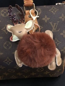 Purse Reindeer Rich Brown POM Gold Keychain Clip On Bag Christmas Rudolph Gift - Picture 1 of 4