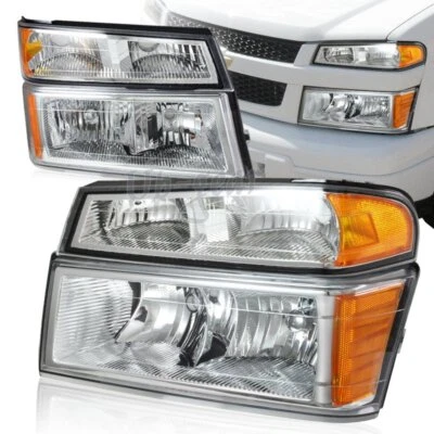 Faróis cromados Chevy Colorado 2004-2012 + lâmpada de para-choque com refletor âmbar 4 peças - Imagem 1 de 3