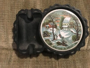 Vintage Japan Cast Iron Ash Tray Ceramic Tile Homestead in Winter Coaster  - Picture 1 of 3