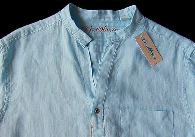 Men's CARIBBEAN Corydals Sea Blue Linen + Open Neck Shirt Large L NWT NEW HOT! - Image 1 of 4