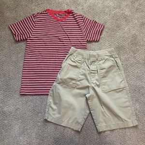 Boy's Set Red Striped Tommy Hilfiger V-neck Tee And Khaki Shorts Size 12 Large - Picture 1 of 10