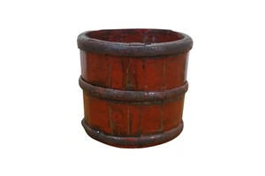 Antique Chinese Shandong Metal Banded Red Painted Wood Bucket Planter Basket 5" - Picture 1 of 11