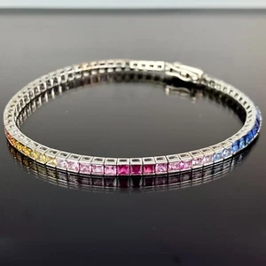 14k White Gold Channel-Set Multi-Color Rainbow Sapphire Tennis Bracelet 7.25" - Picture 1 of 13