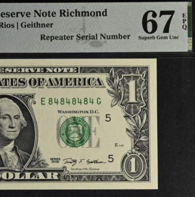 2009 $1 Federal Reserve Note PMG 67EPQ birthday fancy super repeater 84848484 - Image 1 of 3
