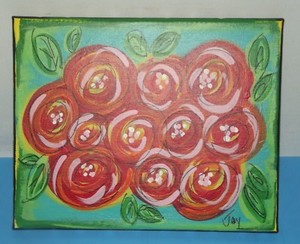 Art Wall Hanging Flowers Red Green Yellow Painting by Joy 8"x 10" Hand Painted 