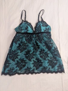 Victoria's Secret Green Mesh & Black Lace Overlay Chemise Very Sexy Size Medium - Picture 1 of 4