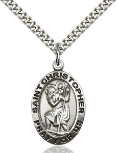 Sterling Silver St Saint Christopher Medal Pendant Necklace 24'' Chain Gift Box - Picture 1 of 3
