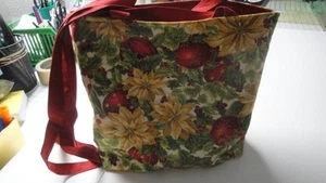 White Poinsettias & Red Ornaments Christmas Tote Bag-Machine Quilted-Hand Made - Picture 1 of 2