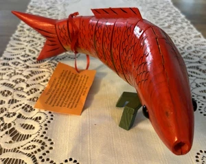Handcrafted Red Articulated Wooden Fish Sculpture by Red Fish Designs on Stand - Picture 1 of 5