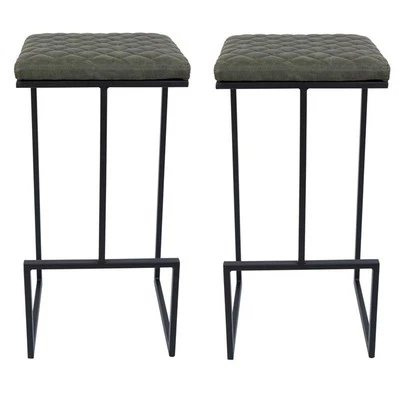 LeisureMod Quincy Quilted Stitched Leather Bar Stools Set of 2 in Olive Green - Image 1 of 4