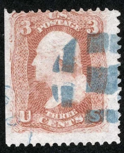 US Sc 88 Rose 3¢ “E“ Grill 1868 Blue Segmented Cork Cancel - Picture 1 of 1