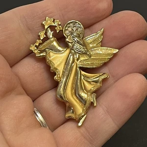 Vtg 1990's AAI Angel Brooch Gold Tone Rhinestones Gold Fleck 2” Brooch Pin - Picture 1 of 10