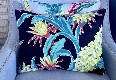 QUEEN Night Blooming Cereus on Black Mid Century Barkcloth Vintage Pillow Cover - Image 1 of 4