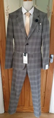 £115 RIVER ISLAND MODERN SLIM FIT GREY CHECK 2PC SUIT JACKET 34L /PANTS 26R +TIE - Image 1 of 4