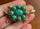 Vintage Chunky Large Gold Tone Green Cabochons TURTLE Pin Brooch EXC!