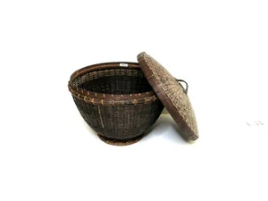Lidded Basket Indonesia Souvenir Dark Rattan Decorative 7" tall - Picture 1 of 8