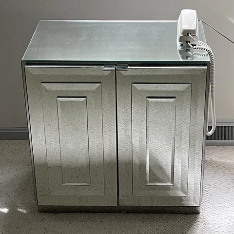 Ello Mirrored Glass & Chrome Night Stand Chest 2 Doored Hollywood Regency Modern Cover