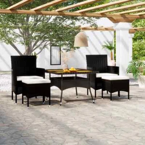 NNEVL 5 Piece Garden Dining Set Poly Rattan & Solid Acacia Wood Black - Picture 1 of 10