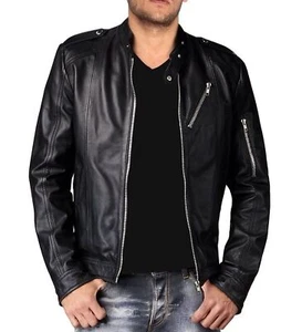 Men Genuine Black Leather Motorcycle Jacket Real Lambskin Trendy Punk JacketMJ66 - Picture 1 of 4