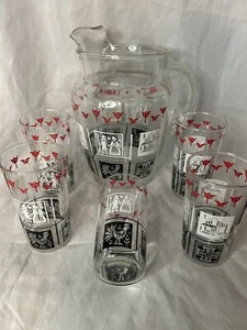 Vintage 1950er Amish Butterdruck Krug und 5 Gläser 8 Unzen Hähne & rote Tulpe 6-78 - Bild 1 von 5