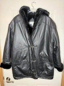 Charles Klein Leather Jacket Men's Large Heavy Duty Black Faux Fur Lined Vintage - Picture 1 of 11