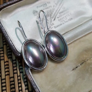 Majorica 925 Sterling Silver Earrings, Large Black Pearl Earrings, Bride - Picture 1 of 6