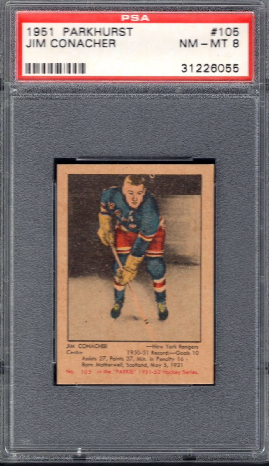 1951 Parkhurst Hockey Set Break 105 Jim Conacher Rookie PSA 8 NM-MT Last card **