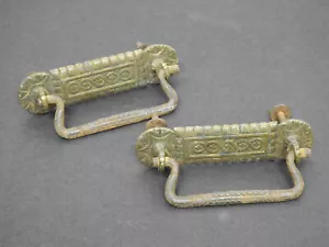 Pair Old Ornate Antique Drawer Pulls Heavy Brass w/ Cast Iron Drop Bail Handle - Picture 1 of 9