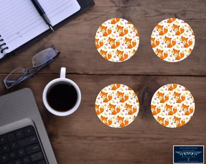 ADORABLE CARTOON FOX FLORAL WHITE CUSTOM HARDBOARD HOUSE COASTER SET OF 4 - Picture 1 of 2