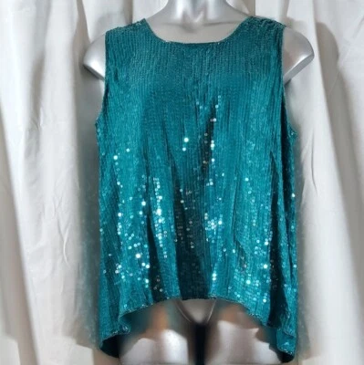 Camiseta sin mangas verde azulado turquesa lentejuelas cuentas talla 20/22 Foto 1 de 4