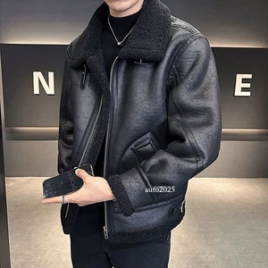 Winter Men's Suede Lamb Wool Fleece Coat Thickened Velvet Warm Motorcycle Coat - Picture 1 of 25