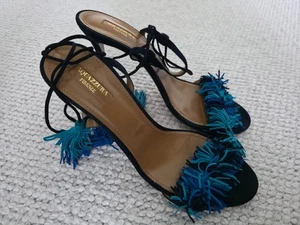 MUJER AQUAZZURA WILD THING SANDALIAS CON FLECOS PUNTA ABIERTA TACÓN NEGRO AZUL GAMUZA - Imagen 1 de 13
