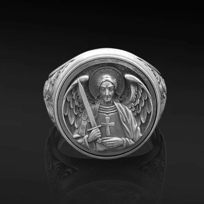 Anel Arcanjo São Miguel, Prata 925 Masculino, Protetor de Anjo Joia Feita à Mão - Imagem 1 de 4
