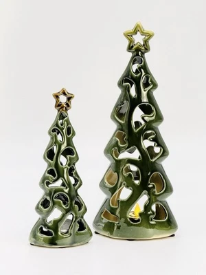 Juego de soporte votivo de tealight de árbol de cerámica verde, estrella en la parte superior recorte brillo festivo Foto 1 de 4