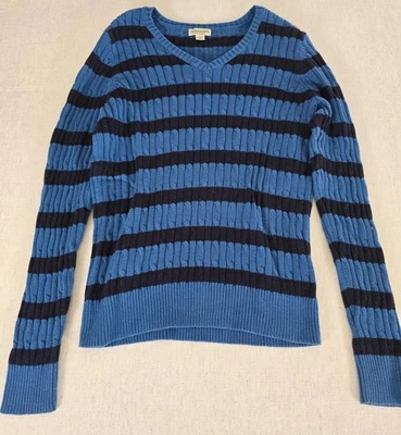 St Johns Bay Classic Sweater Mens LT Blue Black Striped Rib Knit V-Neck Pullover - Image 1 of 4