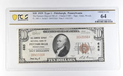 1929 $10 National Currency Pittsburgh PA Type 1 Ch#685 Choice Unc 64 PCGS *2746 - Image 1 of 3