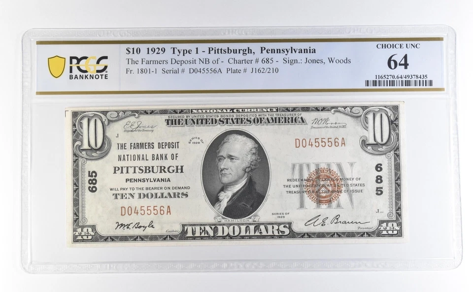 1929 $10 National Currency Pittsburgh PA Type 1 Ch#685 Choice Unc 64 PCGS *2746 - Image 1 of 3