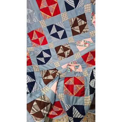Patchwork Quilt Handmade Twin Size Blue Red Plaid & Floral Cotton Blend READ - Image 1 of 4