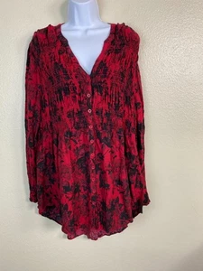 Torrid Boho Top Womens Plus Size 2X Red Black Floral Smocked Long Sleeve Peasant - Picture 1 of 13