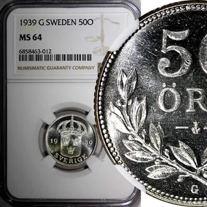 SWEDEN Gustaf V Silver 1939 G 50 Ore NGC MS64 1 GRADED HIGHEST KM# 788 (012) - Picture 1 of 5