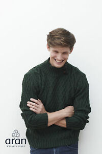 Men's Aran Sweater with Button Collar Pure Merino Wool Fisherman's Jumper Green