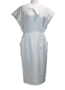 Vintage CHANEL Pale Blue Sheath Silk Dress 80s Square Shoulder Pockets Size 2 - Picture 1 of 15