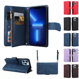 For iPhone 14 13 Pro Max 12 11 8 Flip Stand Zipper Wallet Crossbody Phone Case - Picture 1 of 70