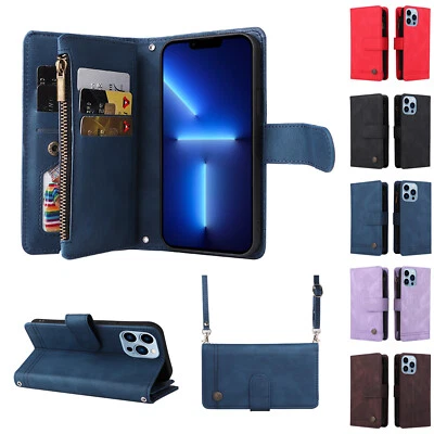 For iPhone 16 15 14 13 Pro 12 11 8 Flip Stand Zipper Wallet Crossbody Phone Case - Image 1 of 4