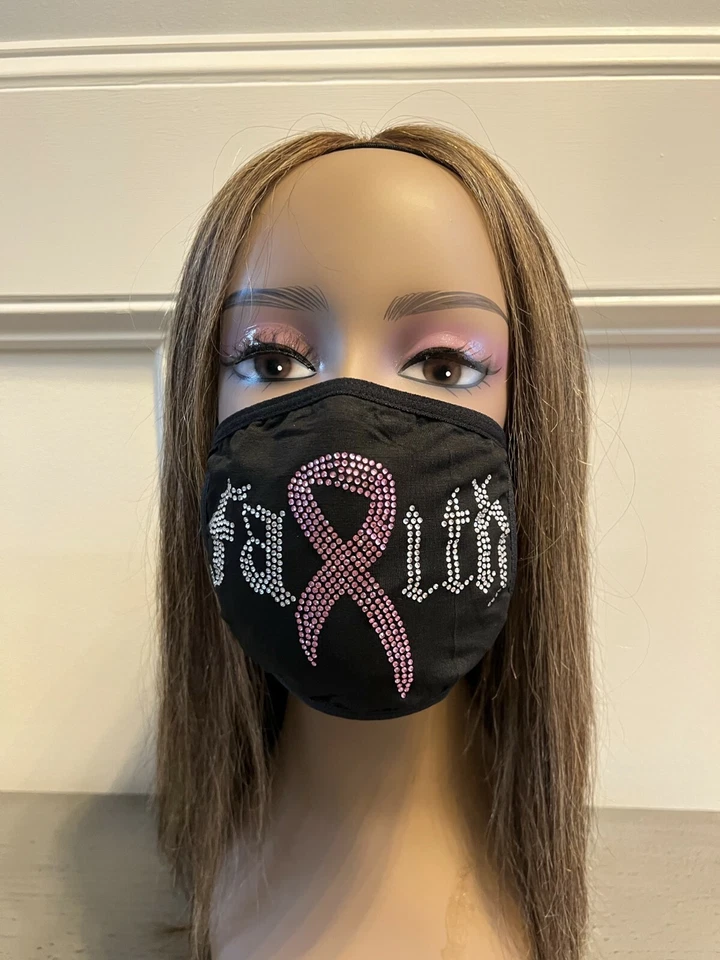 Breast Cancer Awareness Pink Ribbon Bling Face Mask Rhinestone Foto 1 de 4