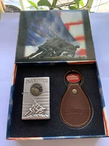 US MARINES Novelty Inc butane lighter leather keychain key chain box gift combo - Picture 1 of 3