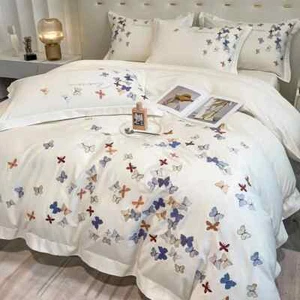 Egyptian Cotton Bedding Butterfly Embroidery Duvet Cover Bed Sheet Pillowcases - Picture 1 of 17
