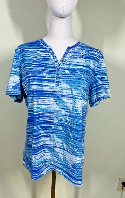 Coral Bay Womens Sz M Blue Abstract Stretch Short Sleeve Pullover Blouse Coastal — 第 1/4 张图片