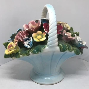 Large Porcelain Capodimonte Handle Basket With Flowers Vintage. 8” - Picture 1 of 8