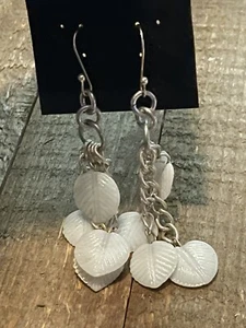 Handcrafted Silver Plated Chained Earrings With White Leaf Charms - Picture 1 of 5